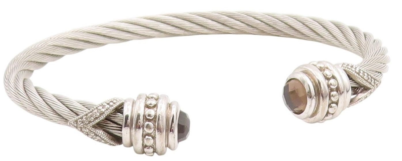 925 Sterling Silver Vintage Bracelet Real Diamonds & Smoky Quartz Cuff  BT11432
