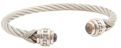 925 Sterling Silver Vintage Bracelet Real Diamonds & Smoky Quartz Cuff  BT11432