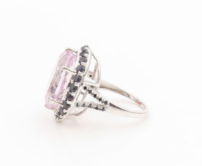 925 Sterling Silver Vintage Ring Rose Quartz Halo Sapphire Band  Sz 7.5  RG36161