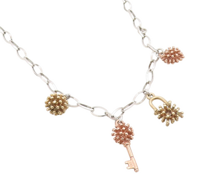 925 Sterling Silver Vintage Necklace Multi Tone Key & Spiky Orb Chain  NE4835