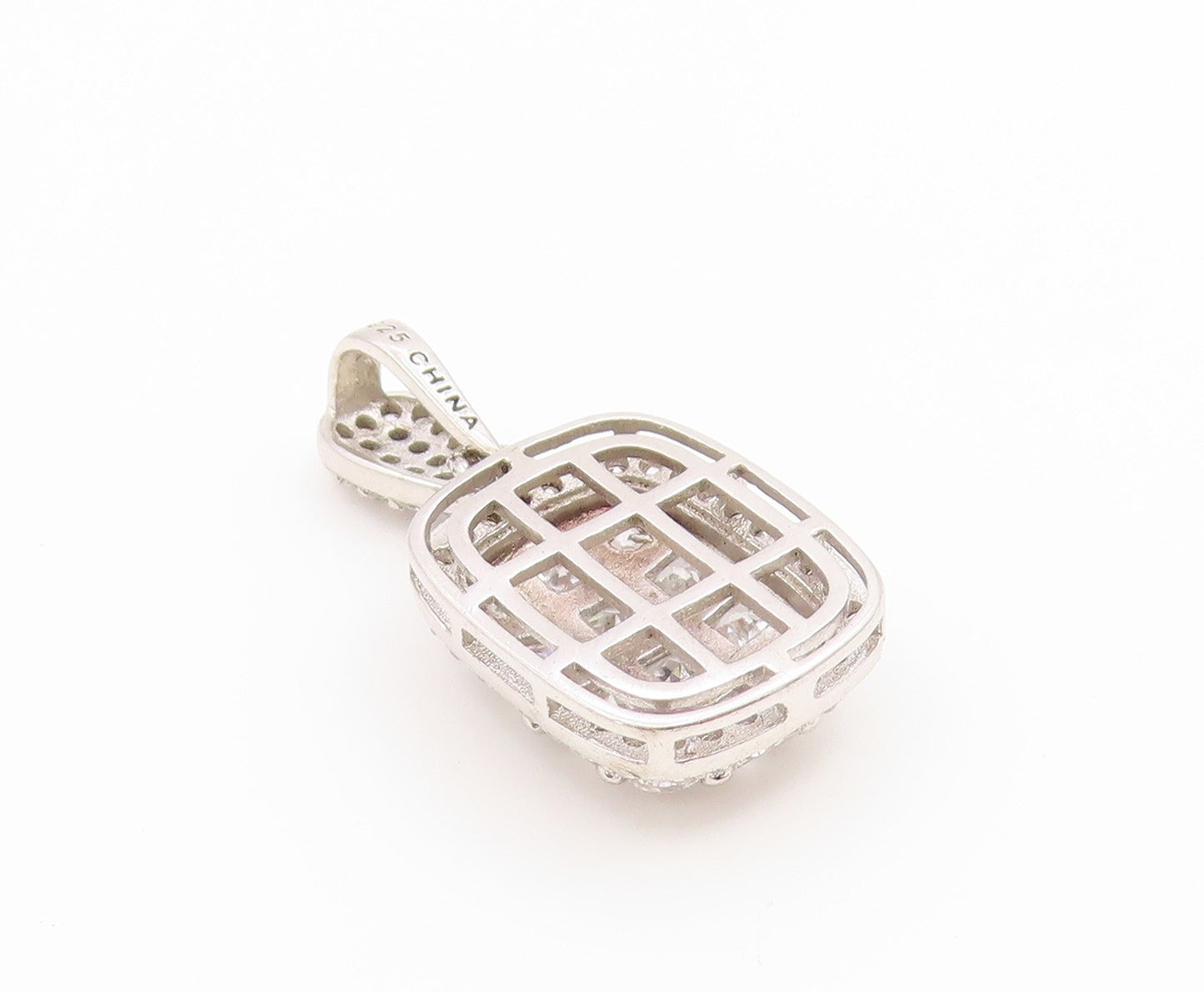 925 Sterling Silver Vintage Pendant Sparkling CZ Geometric Grid Charm  PT26548