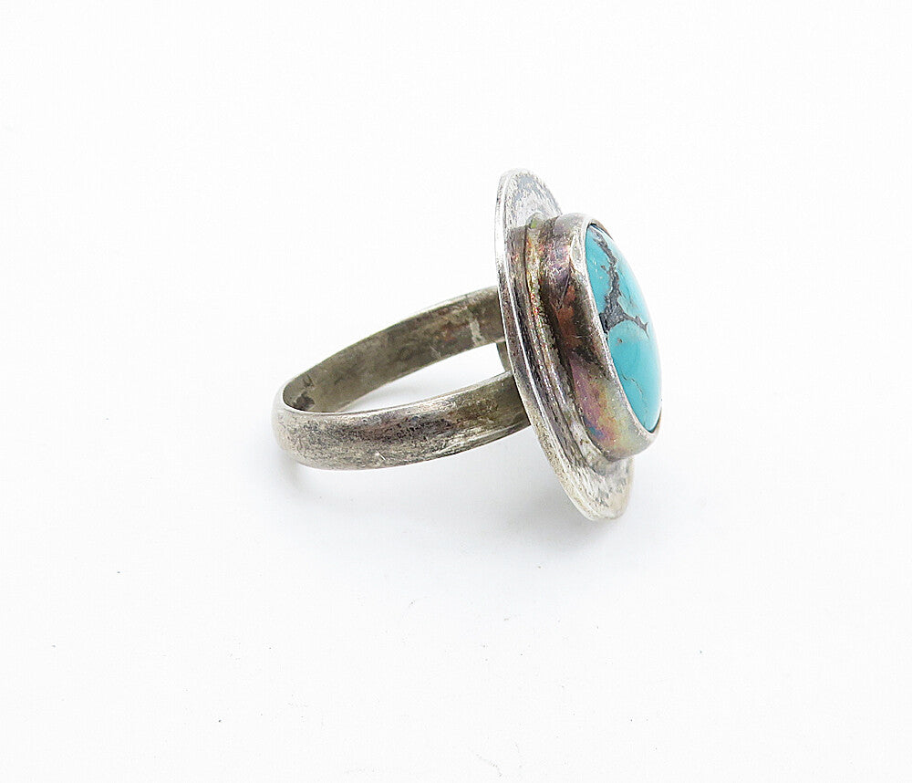 MEXICO 925 Silver  Vintage Turquoise Smooth Oval Cocktail Ring Sz 6  RG6942