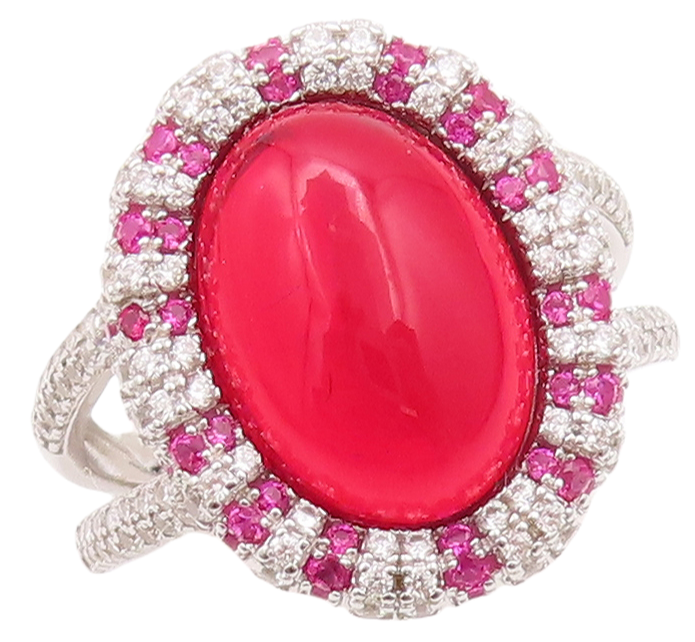 925 Sterling Silver Vintage Ring Cabochon Red Halo Pink White CZ Sz 7.5  RG29810