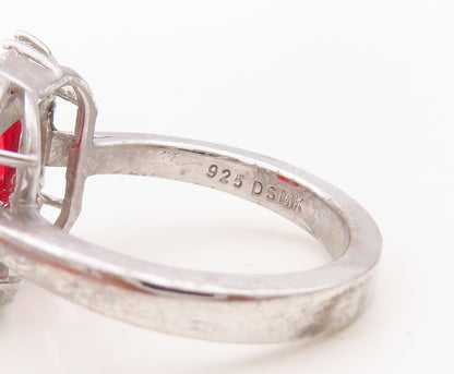 925 Sterling Silver Vintage Ring Square Red Halo White CZ Frame  Sz 7  RG30261