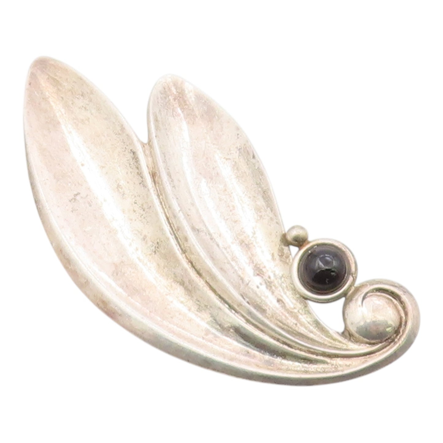 925 Sterling Silver Vintage Brooch Pin Onyx Modernist Sculptural Leaf  BP12574