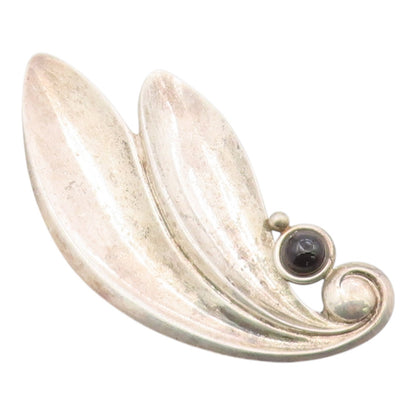 925 Sterling Silver Vintage Brooch Pin Onyx Modernist Sculptural Leaf  BP12574