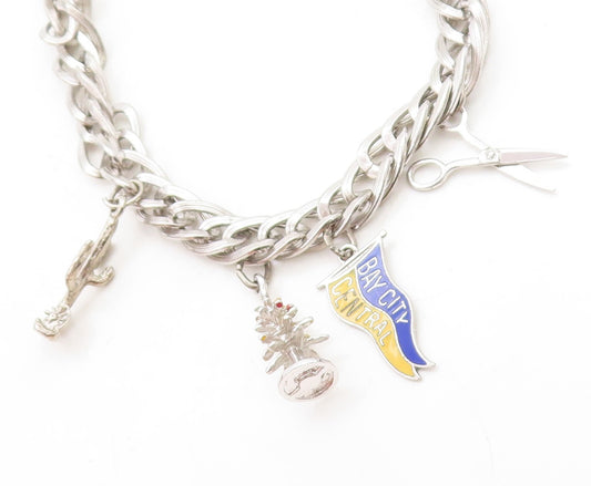 925 Sterling Silver  Vintage Assorted Cactus Tree Charm Chain Bracelet  BT2113