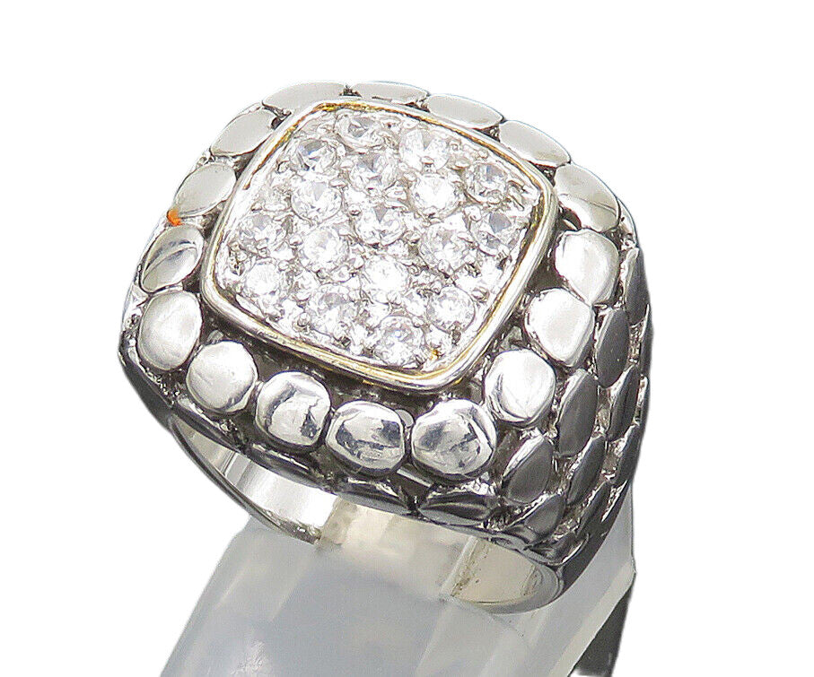 925 Sterling Silver  Vintage Cubic Zirconia Dotted Square Ring Sz 8  RG24344