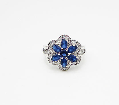 925 Silver  Blue Topaz & White Cubic Zirconia Floral Cocktail Ring Sz 7  RG3437