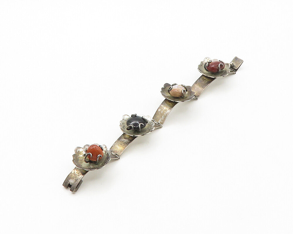 MEXICO 925 Silver  Vintage Jasper Onyx & Fire Opal Chain Bracelet  BT6752