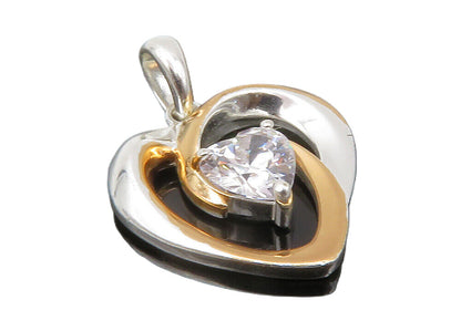 925 Sterling Silver  Shiny Cubic Zirconia Two Tone Love Heart Pendant  PT9976