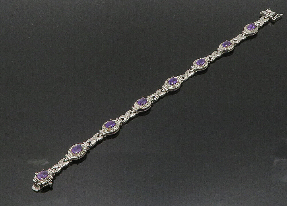 925 Sterling Silver  Vintage Amethyst XO Hinge Link Chain Bracelet  BT8137