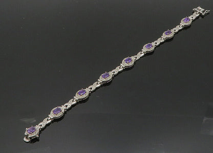 925 Sterling Silver  Vintage Amethyst XO Hinge Link Chain Bracelet  BT8137