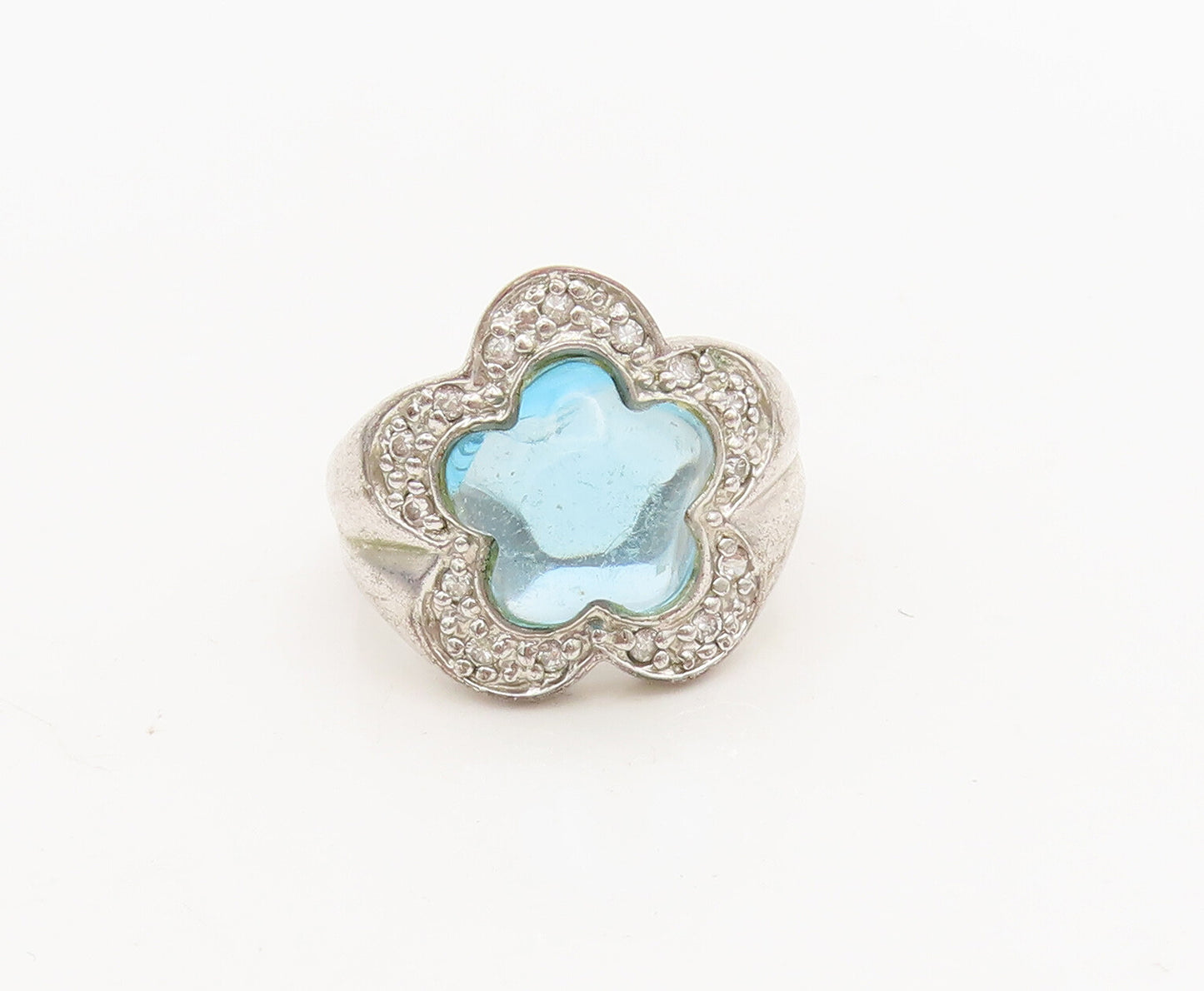 925 Silver  Vintage Aquamarine Floral Cut Halo Diamond Ring Sz 5.75  RG26856