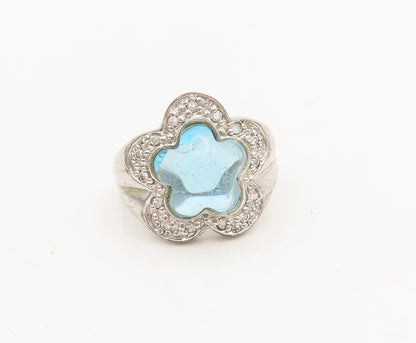 925 Silver  Vintage Aquamarine Floral Cut Halo Diamond Ring Sz 5.75  RG26856