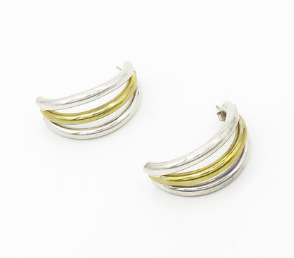 925 Sterling Silver  Vintage Shiny 2 Tone Hollow Tube JHoop Earrings  EG8712