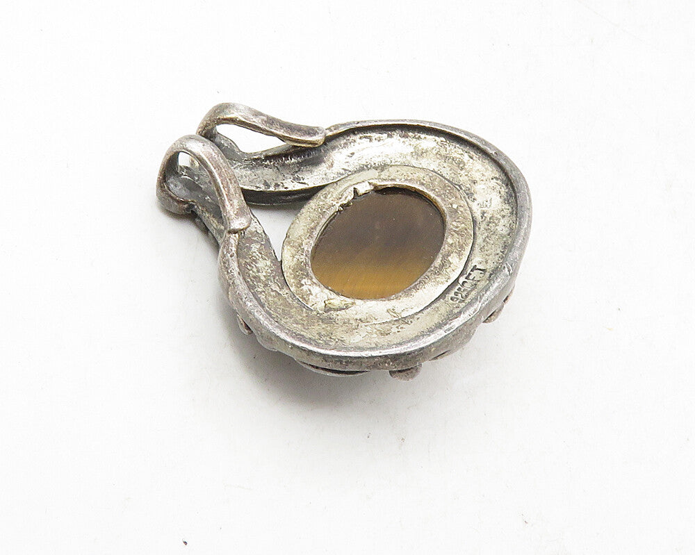 CFJ 925 Sterling Silver  Vintage Cabochon Cut Tiger's Eye Swirl Pendant PT7868