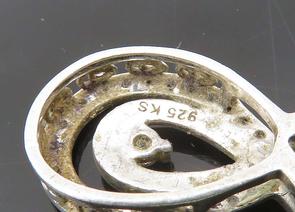 925 Sterling Silver  Vintage Genuine Diamonds Shiny Ribbon Pendant  PT17914