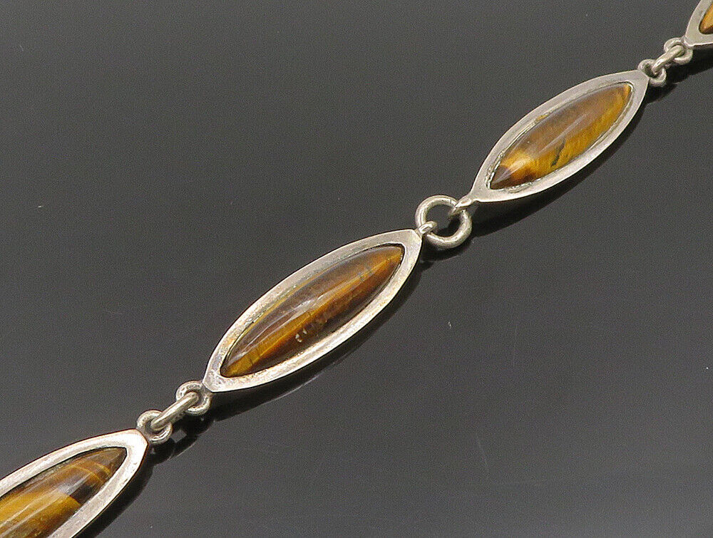 MEXICO 925 Sterling Silver Vintage Tiger's Eye Needlepoint Link Necklace  NE3850