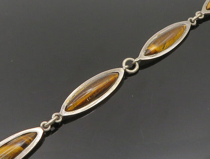 MEXICO 925 Sterling Silver Vintage Tiger's Eye Needlepoint Link Necklace  NE3850