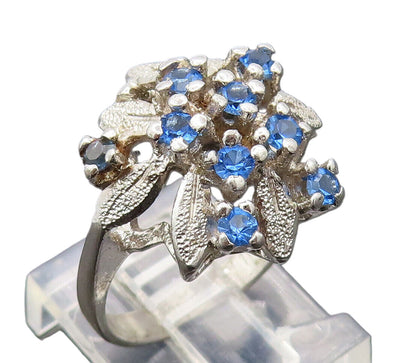 UNCAS 925 Silver  Vintage Carved Blue Topaz Beaded Floral Ring Sz 6  RG27325