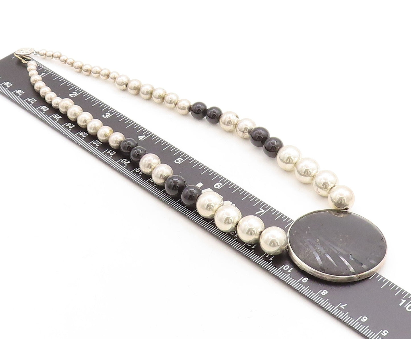 925 Sterling Silver  Vintage Black Onyx Shiny Ball Bead Chain Necklace  NE1080