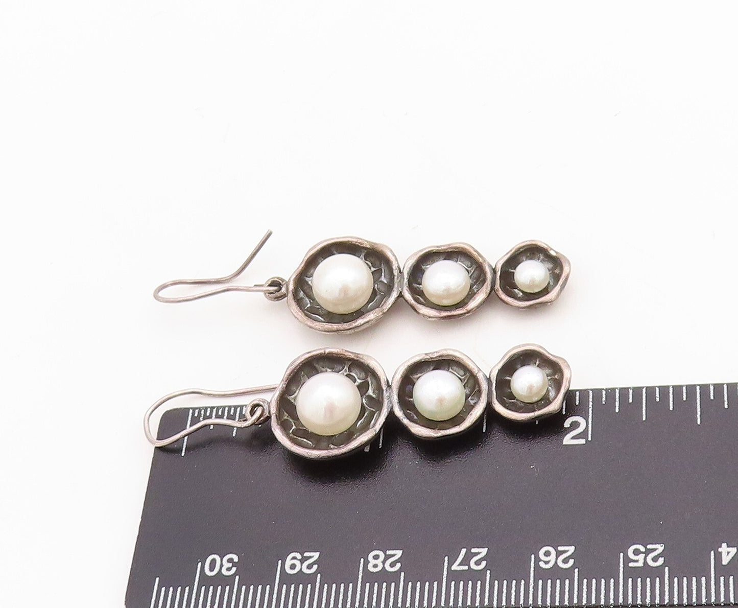 925 Sterling Silver Vintage Earrings Dark Tone Pearl Floral Cutout   EG13258