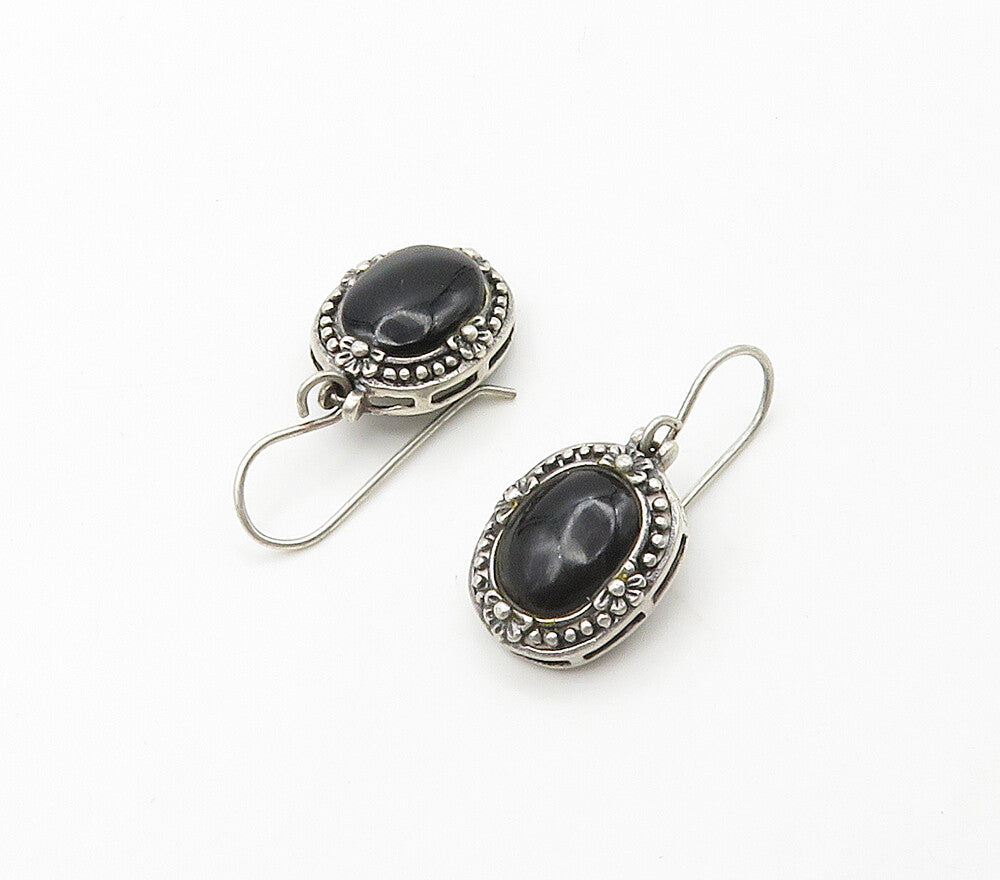 925 Sterling Silver  Vintage Cabochon Black Onyx Floral Drop Earrings  EG8108
