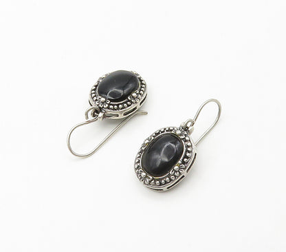 925 Sterling Silver  Vintage Cabochon Black Onyx Floral Drop Earrings  EG8108