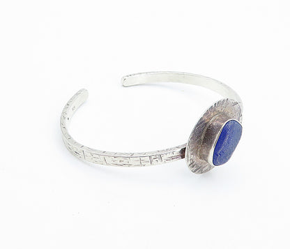 925 Sterling Silver  Vintage Lapis Lazuli Shiny Textured Cuff Bracelet  BT3085