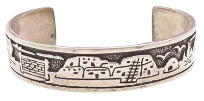 925 Sterling Silver Vintage Bracelet NAVAJO Village Life Carved Cuff  BT11342