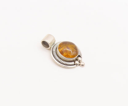 925 Sterling Silver Vintage Pendant MEXICO Honey Amber Halo Coiled Rope  PT22529