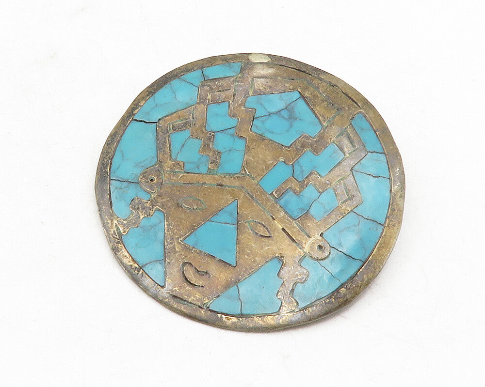 MEXICO 925 Sterling Silver  Vintage Inlaid Turquoise Face Brooch Pin  BP4683