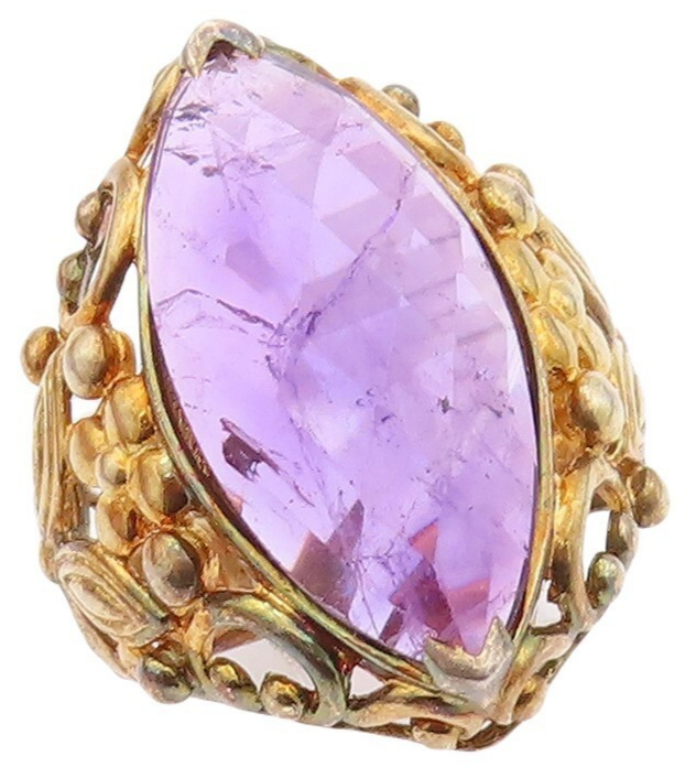 925 Sterling Silver Vintage Ring Gold Plated Floral Carved Amethyst Sz 7 RG29968