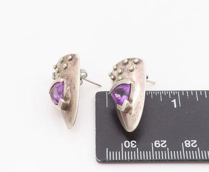 925 Sterling Silver Vintage Earrings Modernist Amethyst Shield Studs  EG13914