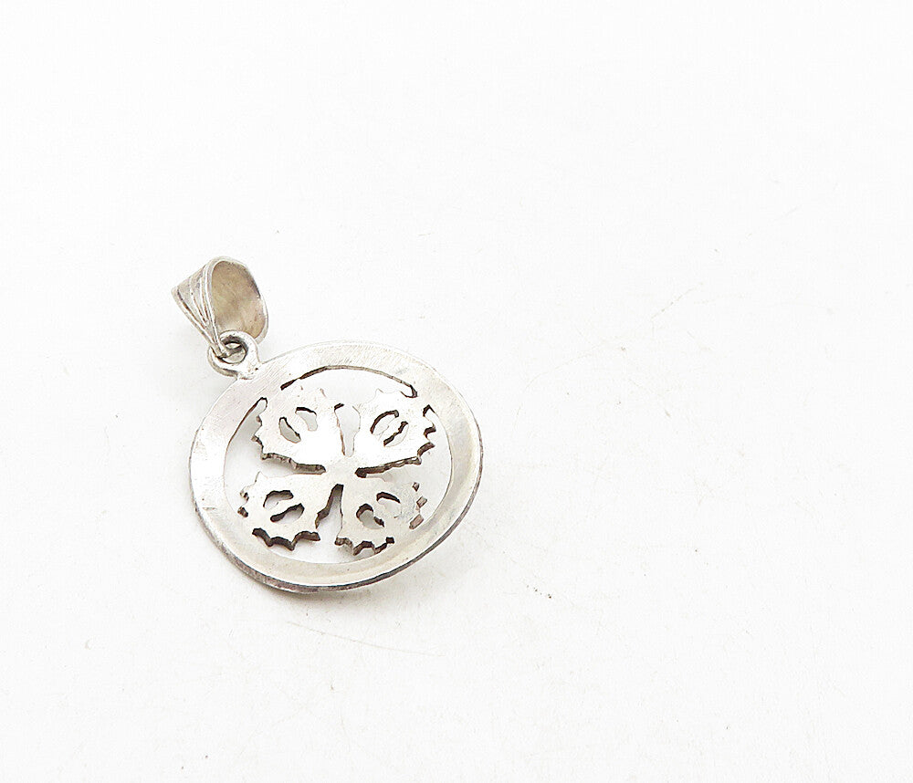 925 Sterling Silver  Vintage Petite Greek Key Floral Leaf Drop Pendant  PT6796