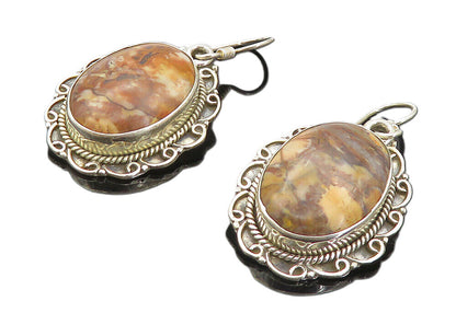 925 Sterling Silver  Vintage Cabochon Cut Brown Jasper Dangle Earrings  EG3724