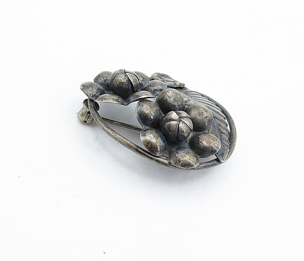 925 Sterling Silver  Vintage Antique Oxidized Flower Bunch Brooch Pin  BP1626