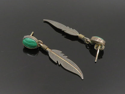 925 Sterling Silver Vintage Cabochon Cut Agate Feather Dangle Earrings EG11602