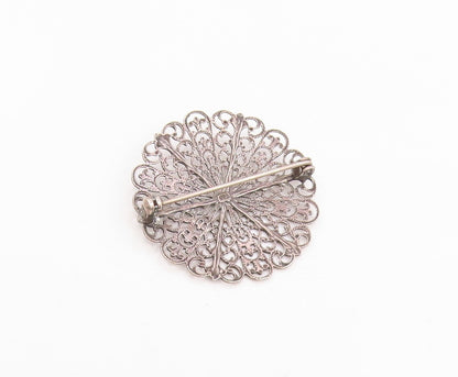 925 Sterling Silver Vintage Brooch Pin Topaz Intricate Floral Filigree  BP12384