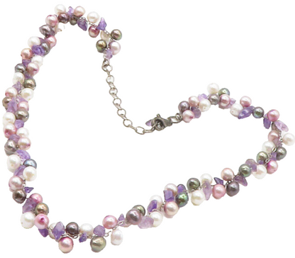 925 Sterling Silver  Vintage Pearls & Amethyst Beaded Chain Necklace  NE2338