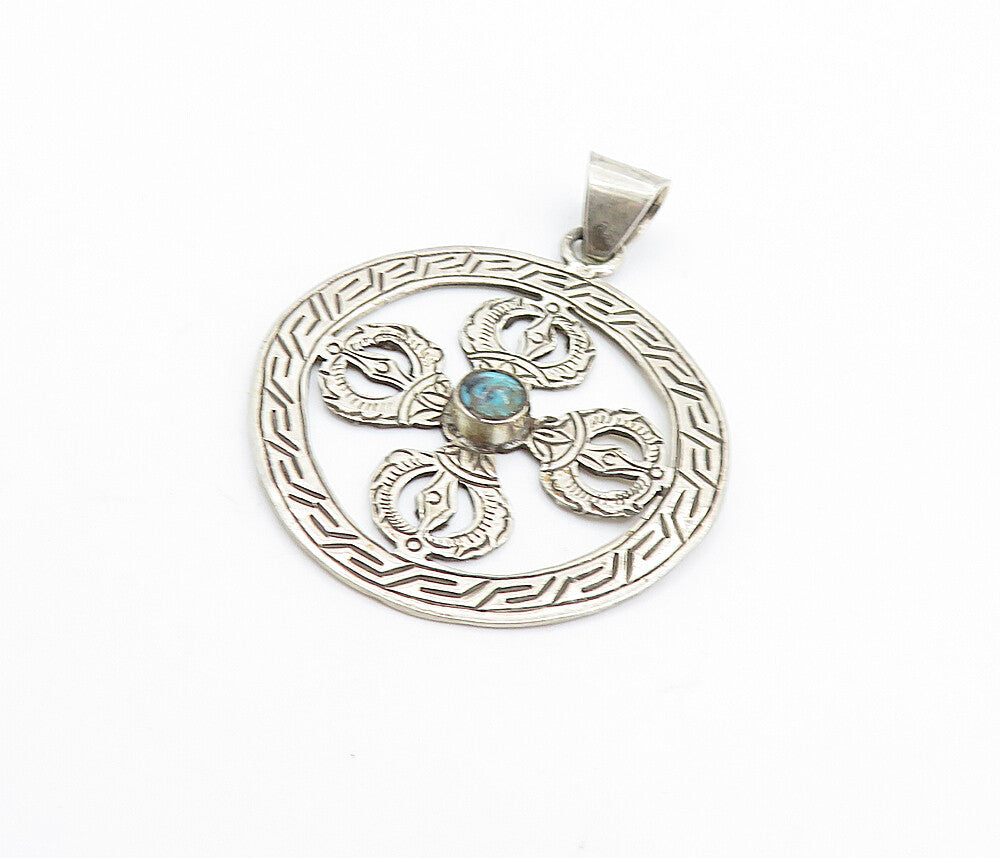 925 Sterling Silver  Vintage Petite Turquoise Greek Key Drop Pendant  PT5530
