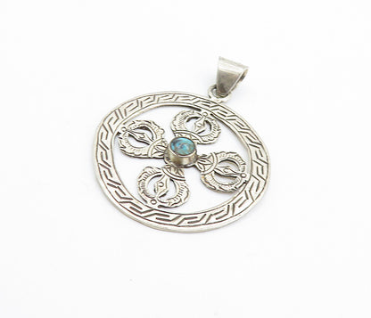 925 Sterling Silver  Vintage Petite Turquoise Greek Key Drop Pendant  PT5530