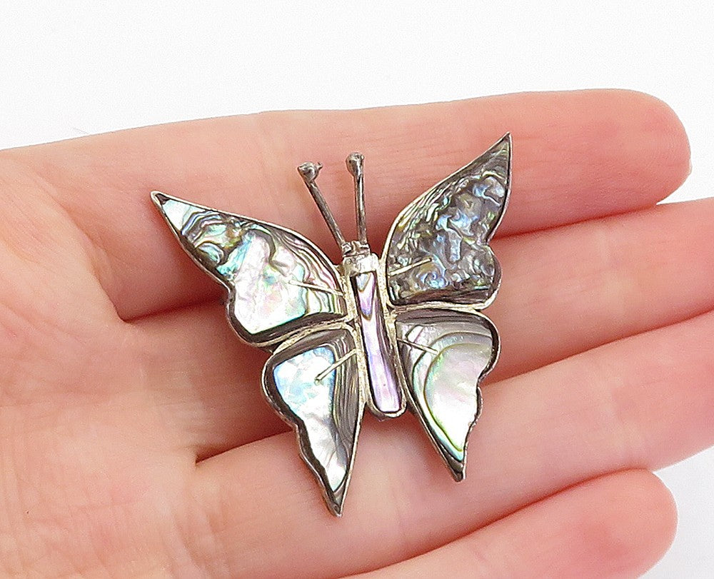 MEXICO 925 Sterling Silver Vintage Abalone Shell Butterfly Brooch Pin  BP1242