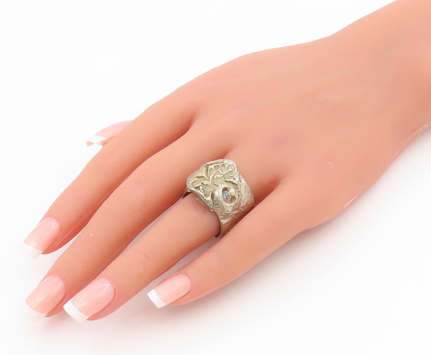 925 Sterling Silver Vintage Ring Stone Brutalist Design Band  Sz 8.5  RG34614