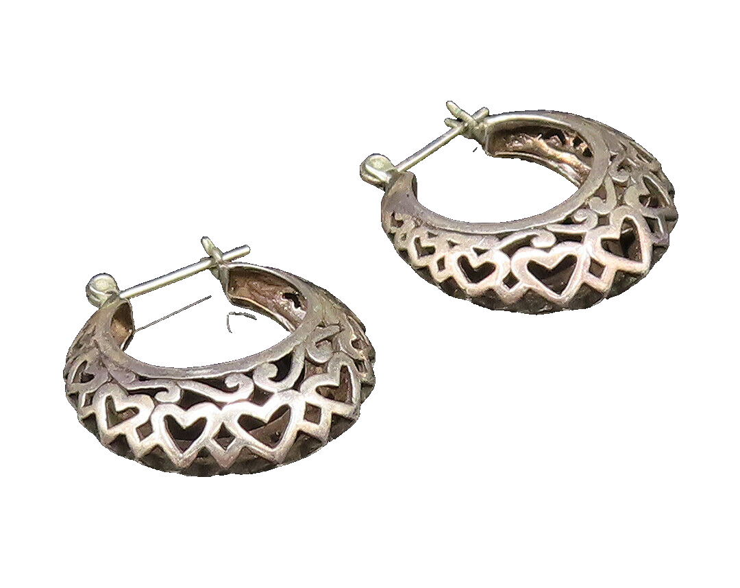 925 Sterling Silver  Vintage Openwork Scroll Love Hearts Hoop Earrings EG11969