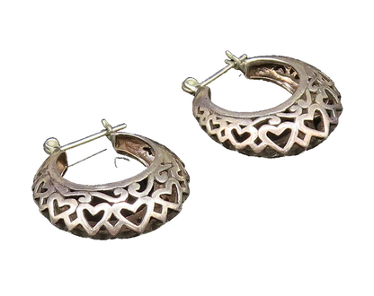 925 Sterling Silver  Vintage Openwork Scroll Love Hearts Hoop Earrings EG11969