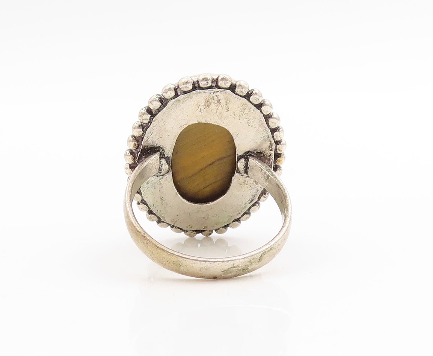 925 Sterling Silver Vintage Ring Large Tiger's Eye Beaded Edge  Sz 12  RG34146