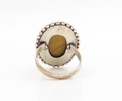 925 Sterling Silver Vintage Ring Large Tiger's Eye Beaded Edge  Sz 12  RG34146