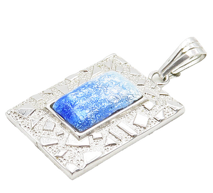 925 Sterling Silver  Blue Enamel Detail Mosaic Border Square Pendant  PT12735